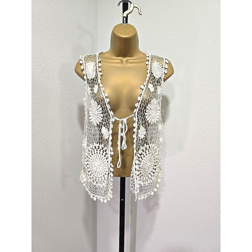 Cream Crochet Vest Sz Medium Festival Hippie Cottage Boho Indie Whimsical Artsy
